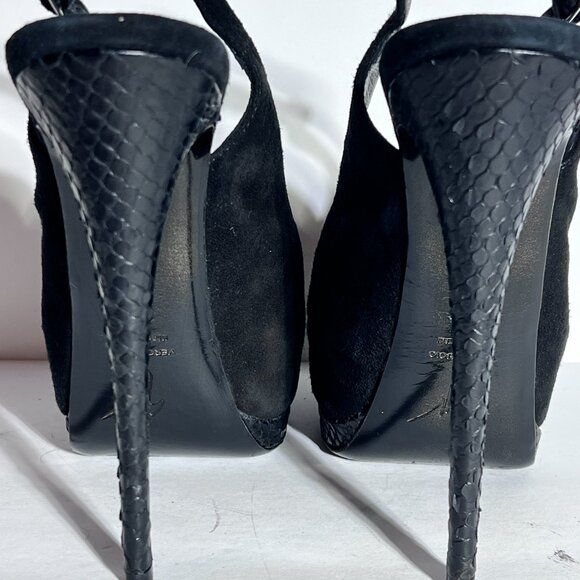Giuseppe Zanotti Blk Suede Snakeskin High Heel Peeptoe Slingback Pump Sz 8.5 - Picture 4 of 15